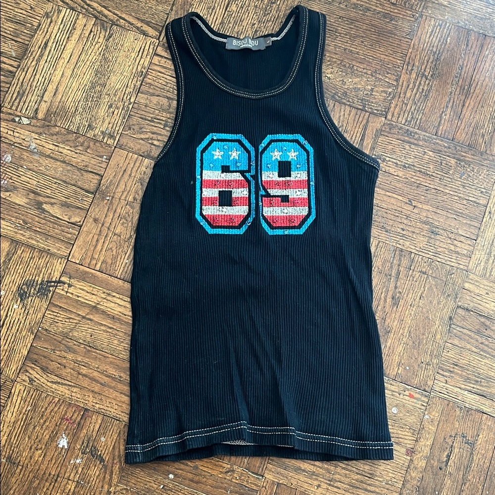 Bisou Bisou Black Ribbed Tank Top 69 SPARKLE APPLIED TANK ( fits small) - Picture 5 of 6
